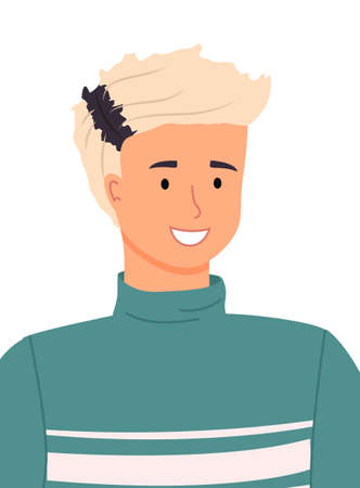 Stylish young man on a white background with a fashionable haircut and a black stripe on blond hair. Stylish teenager portrait. Handsome smiling young man, student or high school pupil flat vectorのイラスト素材