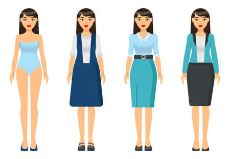 Cartoon characters. Woman brunette with short haircut wearing different clothes. Girl in underwear. Businesslady wear business and home dress, skirt and blouse, office suit with jacket. Set of clothesのイラスト素材