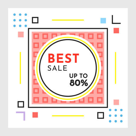 Trendy abstract geometric bubble hot sale. New arrival, big sale and special offer. Black friday up to. Big discount. Vivid banner retro poster design style. Vintage colors and shapes in memphis styleのイラスト素材