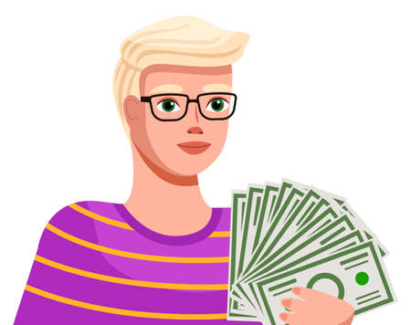 Money and savings concept. Financial plan of a young man. Cartoon character holding a lot of paper banknotes. A serious guy in glasses dressed pink striped t-shirt isolated on white backgroundのイラスト素材