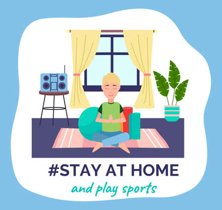 Stay at home concept, person in his apartment sitting on the floor and doing yoga, going in for sports, spending time to good use. Man at home keeping the distance. Quarantine or self-isolationのイラスト素材