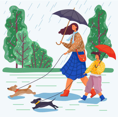 Mother and daughter go for a walk with umbrellas in the rain and take their dogs with them. Happy family day walk during terrible rainy weather. Dogs run forward and lead a couple of young ladiesのイラスト素材