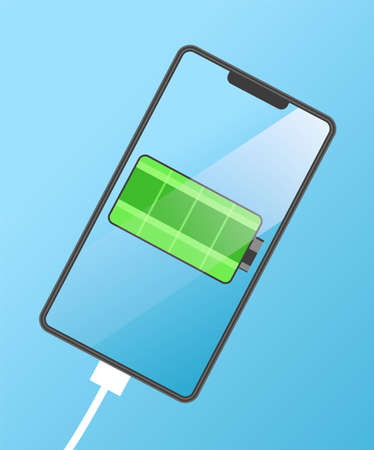 Modern mobile phone with green battery vector illustration. Full charge with lighting. Touchscreen smartphone and wire phone charger. Blank telephone screen with energy level sign on blue backgroundのイラスト素材