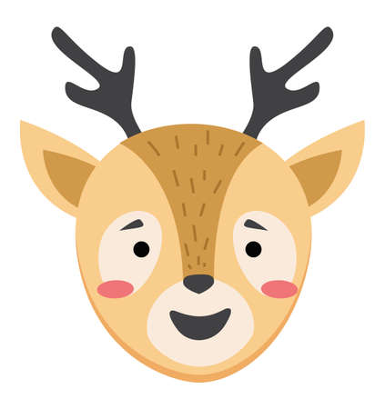 Cute simple animal deer head, cartoon wildlife character with horns portrait isolated on white background. Antelope smiling face flat vector illustration hand drawing natural mammal symbolのイラスト素材