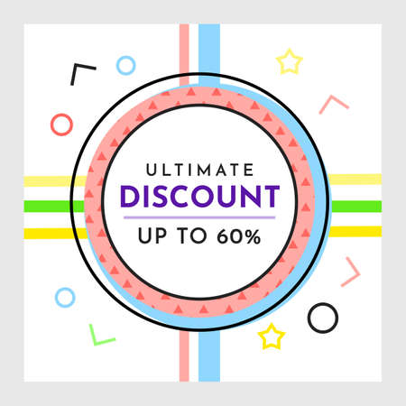 Trendy abstract geometric bubble hot sale. New arrival, big sale and special offer. Black friday up to. Big discount. Vivid banner retro poster design style. Vintage colors and shapes in memphis styleのイラスト素材