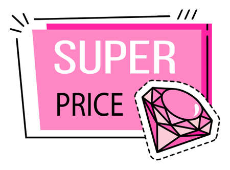 Super price special offer with inscription and cartoon gemstone in pink colors. Super sale best price advertising poster, promotional offer. Sale colored banner. Discount poster vector templateのイラスト素材