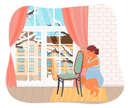 Pregnant woman is squatting, holding on to chair. Woman prepares for childbirth. Female in long gestation period. Winter city view outside the window. Red curtains, yellow rug. Reproduction, birthのイラスト素材