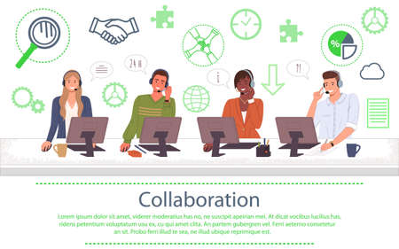 Call center hotline. Online support worker, telephone service operator. Dispatcher, workplace of customer support manager at computer desk. Remote service specialist with headphone. Collaborationのイラスト素材