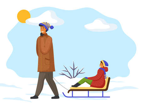 Dad wears warm brown jacket, striped knitted hat rides his daughter in red down jacket, scarf, hat, on sled. Snow plain, bare icy bush. Frosty sunny winter weather. Family walk in winter. Flat imageのイラスト素材