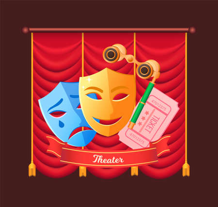 Tickets for play vector, drama and comedy masks with smile and sad face flat style. Recreation and leisure, binoculars spectacles for show, curtainのイラスト素材