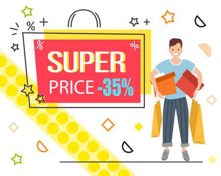 Trendy abstract geometric bubble hot sale. New arrival big sale and special offer. Black friday up to. Big discount. Man holds gift boxes and shopping bags. Vintage color and shapes in memphis styleのイラスト素材
