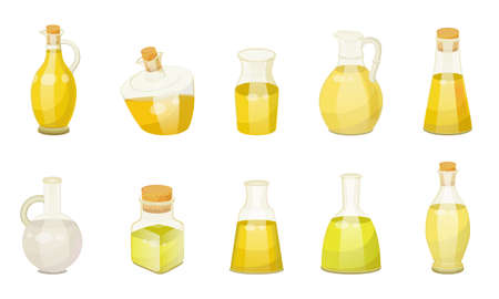 Collection of glass bottles with oils or essences for hair and skin treatment. Set of isolated containers for wellness and beauty of female body. Organic and natural ingredients, vector in flatのイラスト素材