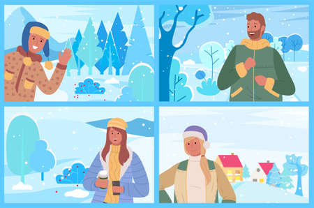 Man and woman wearing jacket and hat warm clothes enjoying view of snowy mountain and wild forest in village. Happy people holding phone and cup traveling near spruce in winter season vectorのイラスト素材