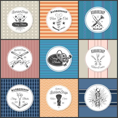 Set of logotype for barbershop in black and white style. Emblems with tools and letterings. Barber shop logo in color frames. Hairdressing salon signboard with equipment icons vintage retro symbolのイラスト素材
