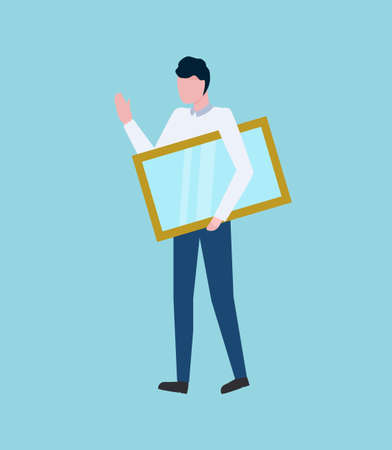 Engineer vector, man carrying building material glass in frame, framed transparent object for interior of home and decoration. Constructor with itemのイラスト素材