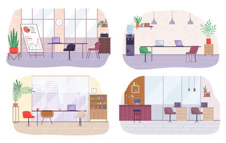 Set of office workplace interior design. Business objects, elements and equipment. Modern office with furniture laptop on the table, chairs, book shelf, plant. Empty office space, coworking centerのイラスト素材