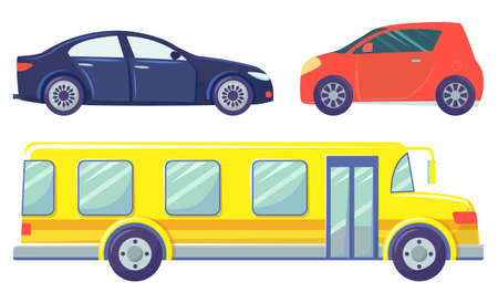 Three cars isolated on white background. Yellow large bus and small red microcar. Dark blue colored...
