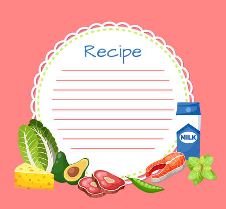 Banner, sticker, note for the recipe. Making the recipe for cooking. Set of products for cooking dishes vegetables, dairy products, fish and meat for the design of brochures, recipe cards, recipe bookのイラスト素材