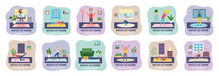 Set of stay home activities. Play different kind of sports. Fitness, sport, athletics, training. I stay at home awareness social media campaign and coronavirus prevention. Flat image illustrationのイラスト素材