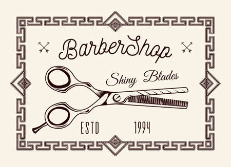 Logotype for barbershop in vintage style. Barber shop logo flat vector design emblem with scissors sign and lettering. Hairdressing salon signboard depicting metal clippers and inscriptionsのイラスト素材