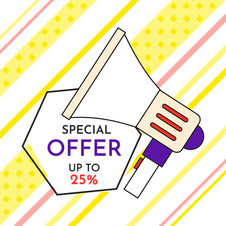 Special offer up to 25 banner. Discount poster template. Big sale best offer inscription and large loudspeaker on the background of colored lines. Super sale best price and quality advertising posterのイラスト素材