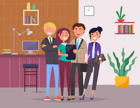 Joyful business workers posing. People in office. Successful business meeting. Table lamp, monoblock, bookshelf, vase, folders with documents, wall clocks, comfortable office space. Flat imageのイラスト素材