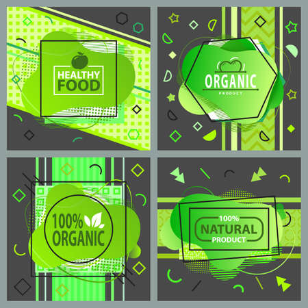 Healthy food, natural organic product green sign and lettering logo set ecological concept. Healthy lifestyle and care for nature. Nature conservation society concept. Production of pure healthy foodsのイラスト素材