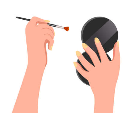 Close-up image of female hands with a make-up round mirror and a brush for eyeshadow or makeup. Beauty Master class. Apply makeup on face. Video streaming. Cool glamour cosmetic illustration for blogのイラスト素材