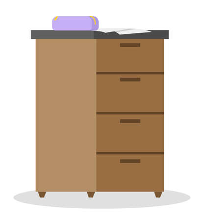 Wooden light brown chest of drawers, cosmetic bag and napkins on the top. Made of natural materials, commode furniture isolated on white. Furnishing for interior of female room vector illustrationのイラスト素材
