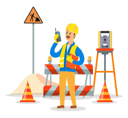 Builder engineer phone calling on construction. Foreman in helmet business communication concept, man talking on the walkie-talkie standing near the barrage equipment and the road repair signのイラスト素材