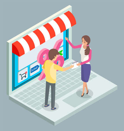 Big cartoon laptop with conceptual storefront lettering Sale. Woman seller gives man gift bag and invites to visit online store. Big discount badge. The concept of online trading. Isometric imageのイラスト素材