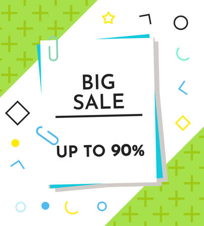 Trendy abstract geometric bubble hot sale. New arrival, big sale and special offer. Black friday up to. Big discount. Vivid banner retro poster design style. Vintage colors and shapes in memphis styleのイラスト素材