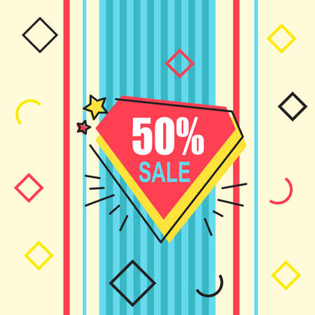 Trendy abstract geometric bubble hot sale. New arrival, big sale and special offer. Black friday up to. Big discount. Vivid banner retro poster design style. Vintage colors and shapes in memphis styleのイラスト素材