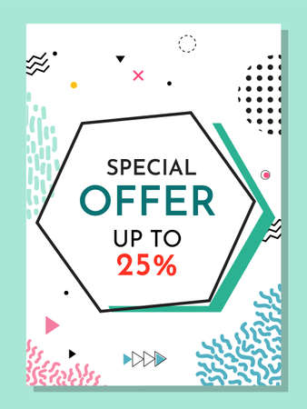 Trendy abstract geometric bubble hot sale. New arrival, big sale and special offer. Black friday up to. Big discount. Vivid banner retro poster design style. Vintage colors and shapes in memphis styleのイラスト素材