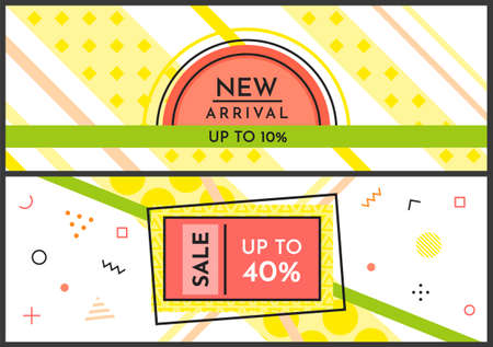 Trendy abstract geometric bubble hot sale. New arrival, big sale and special offer. Black friday up to. Big discount. Vivid banner retro poster design style. Vintage colors and shapes in memphis styleのイラスト素材