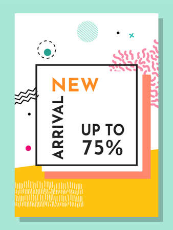 Trendy abstract geometric bubble hot sale. New arrival, big sale and special offer. Black friday up to. Big discount. Vivid banner retro poster design style. Vintage colors and shapes in memphis style