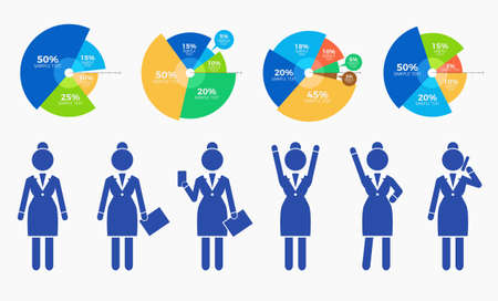 Set of blue silhouettes simplified style businesswomen and colorful charts with percent, numbers. Business infographic. Confident business women. Vector illustration design for UI, banner, mobile appのイラスト素材