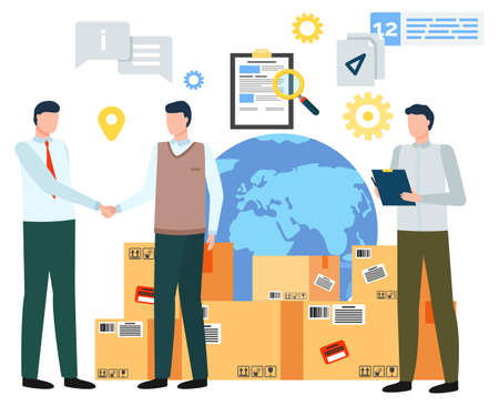 People making deal, isolated characters shaking hands. Globe and parcels, document and geolocation poitier. Businessman and assistant with clipboard making notes on contracts. Vector in flat styleのイラスト素材