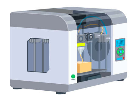 Industrial 3D printer prints a box concept. Print house equipment, digital model of a volumetric product. Modern print technologies, empty operator workplace with printing machine isolated on whiteのイラスト素材