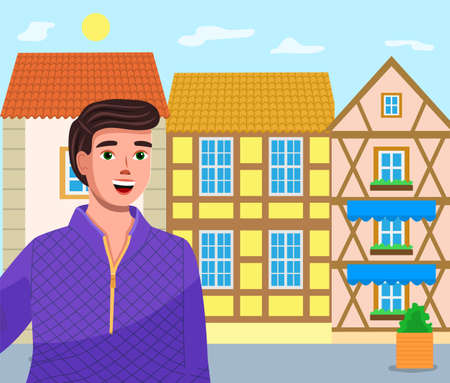 Young smiling guy close up, colorful dutch or danish house background. Walking along old city streets. Summer holiday, relaxation and sightseeing. Street with plant in pot. Authentic architectureのイラスト素材