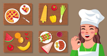Set of cook pictures. Young woman cook shows ok sign. Gourmet food image. Master class about cooking delicious food. Cherry pie, vegetables, meat, fruits. Blogger, streamer. Flat vector illustrationのイラスト素材