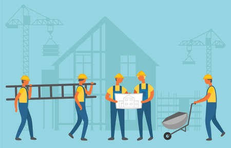 Builders carrying stairs and wheelbarrow, contactors men discussing project. Construction workers in helmet and work clothes, build and crane vectorのイラスト素材
