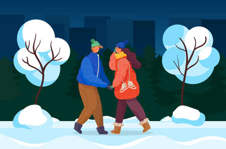Couple walking in evening park in winter. Man and woman holding hands. Cold weather in town, cityscape with skyscrapers and buildings. Romantic pair in love spending time together, vector in flatのイラスト素材