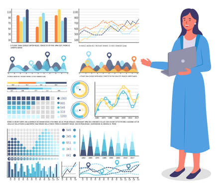 Business woman in blue dress with laptop stands near large set of colorful graphs. Bar, chart area, flowchart, infochart, growth graph and columns with numbers statistic. Flat vector image on whiteのイラスト素材