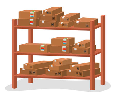 Racks with boxes isolated vector illustration. Cardboard containers stand on wooden shelves in modern typography or print office. Shelving, storage equipment in a warehouse furniture elementのイラスト素材