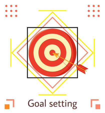 Target with an arrow in the red center. Business goal concept with geometric simple elements on white background and goal setting lettering. Successful strategy, achievements in business or sportsのイラスト素材