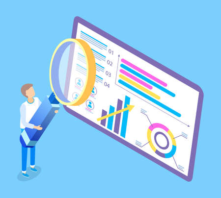 Man with huge magnifier is looking at the giant screen tablet with pie and bar charts. Creative illustration of business processes. Person holding big loupe near colorful screen presentationのイラスト素材