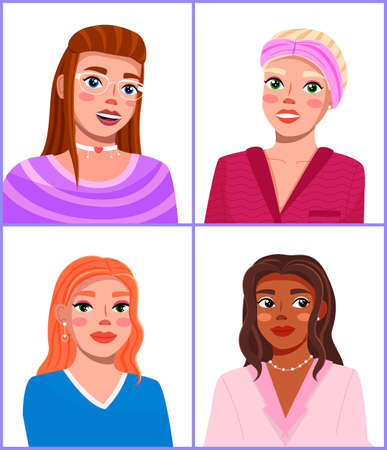 Image of four beautiful, stylish, trendy girls. Fashionable makeup, hairstyles. Makeup master class....