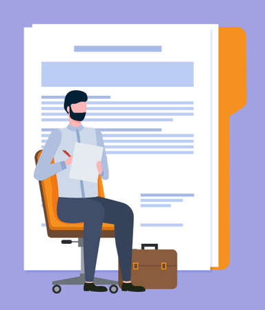 Man worker sitting on chair with pen and paper, employee writing article or document report. Broker character and information, professional vectorのイラスト素材