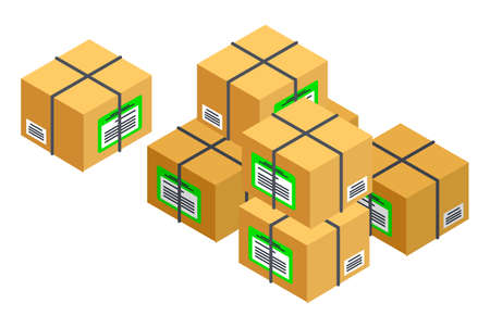Cardboard packing boxes and inscriptions, addresses or trade information. Pile of mail parcels. Post office, commercial warehouse or packaging. International trade, send goods abroad. E-commerceのイラスト素材
